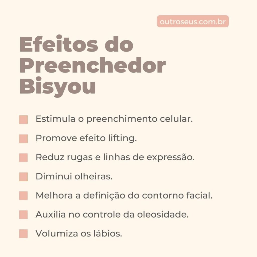 Efeitos do Preenchedor Bisyou: 1) estimula o preenchimento celular, 2) promove efeito lifting, 3) reduz rugas e linhas de expressão, 4) diminui olheiras, 5) melhora a definição do contorno facial, 6) auxilia no controle da oleosidade, 7) volumiza os lábios.